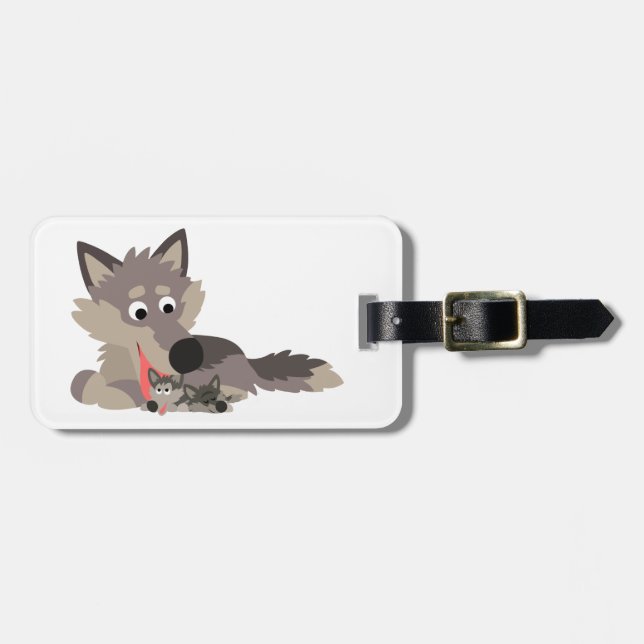 Cute Cartoon Dad Wolf and Pups Luggage Tag (Front Horizontal)