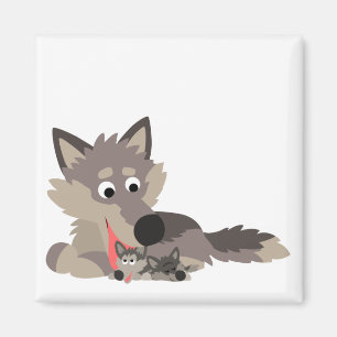 Cute Cartoon Dad Wolf and Pups Magnet