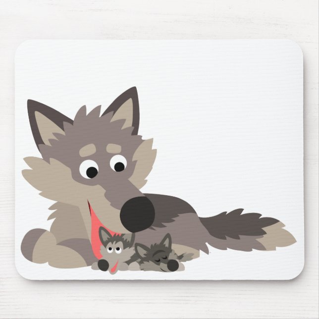 Cute Cartoon Dad Wolf and Pups Mousepad (Front)