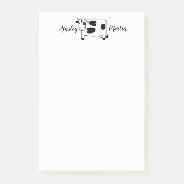 Cute Cartoon Dairy Cow Personalised Post-it Notes (Front)