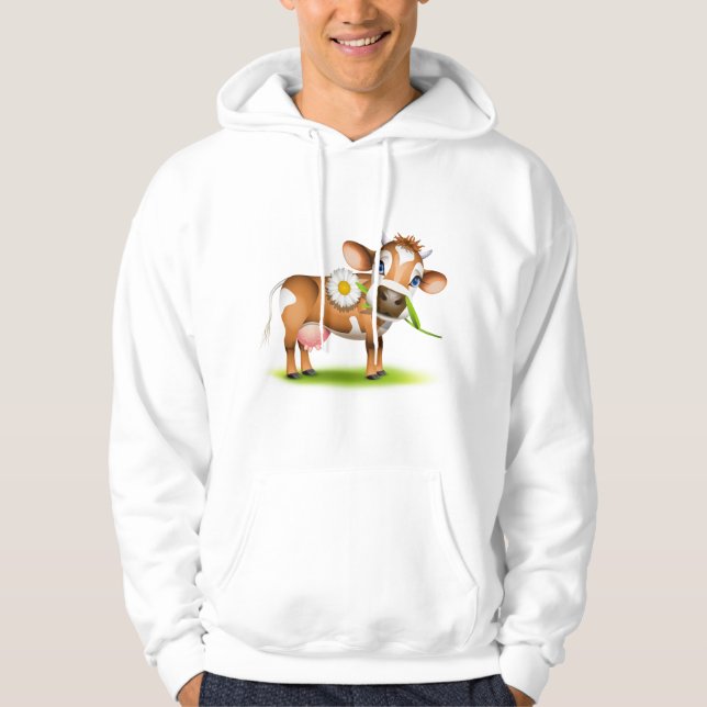 Cute Cartoon Dairy Cow with Flower and Grass  Hoodie (Front)