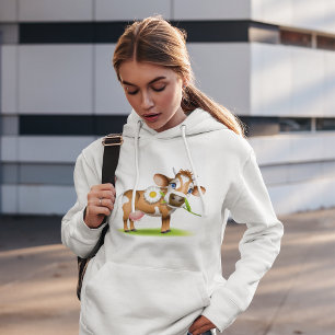 Cute Cartoon Dairy Cow with Flower and Grass  Hoodie