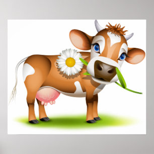 Cute Cartoon Dairy Cow with Flower and Grass Poster