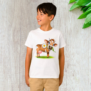 Cute Cartoon Dairy Cow with Flower and Grass T-Shirt