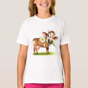 Cute Cartoon Dairy Cow with Flower and Grass  T-Shirt
