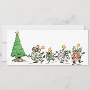 Cute Cartoon Dancing Christmas Presents and Tree Holiday Card