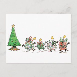 Cute Cartoon Dancing Christmas Presents and Tree Holiday Postcard