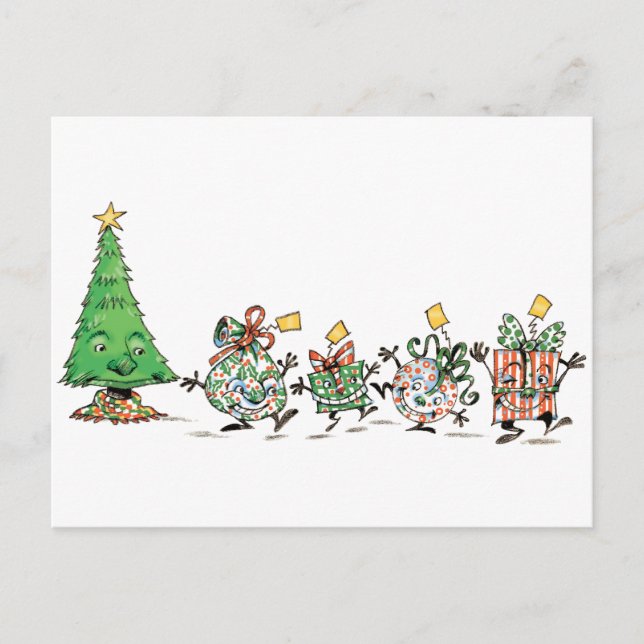 Cute Cartoon Dancing Christmas Presents and Tree Holiday Postcard (Front)