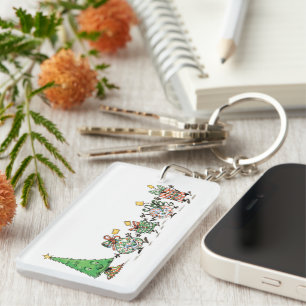 Cute Cartoon Dancing Christmas Presents and Tree Key Ring