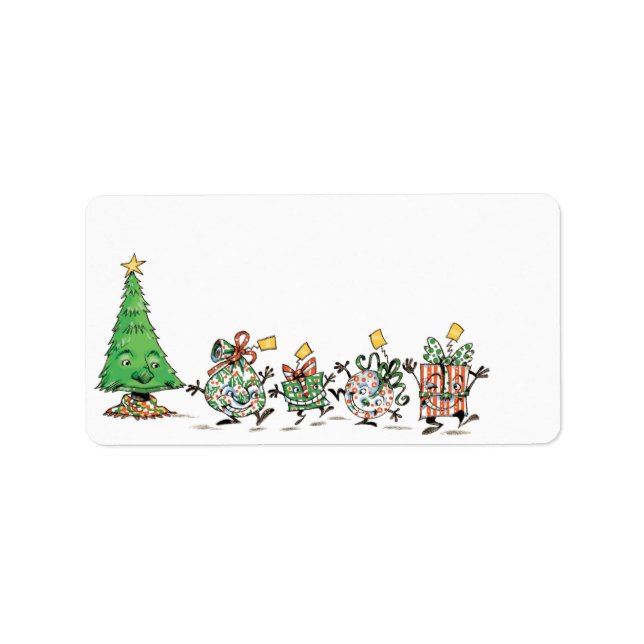 Cute Cartoon Dancing Christmas Presents and Tree Label (Front)