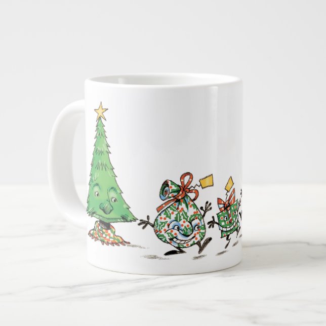 Cute Cartoon Dancing Christmas Presents and Tree Large Coffee Mug (Front Left)