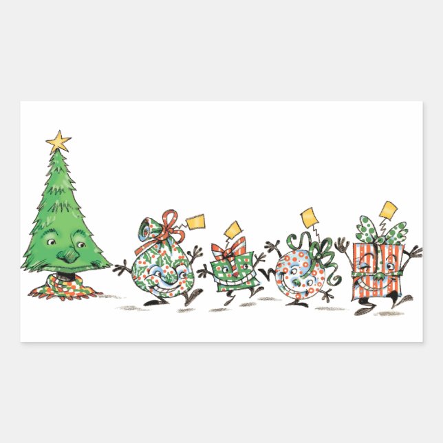 Cute Cartoon Dancing Christmas Presents and Tree Rectangular Sticker (Front)