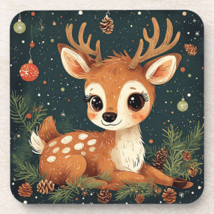 Cute Cartoon Deer in Festive Wreath Coaster