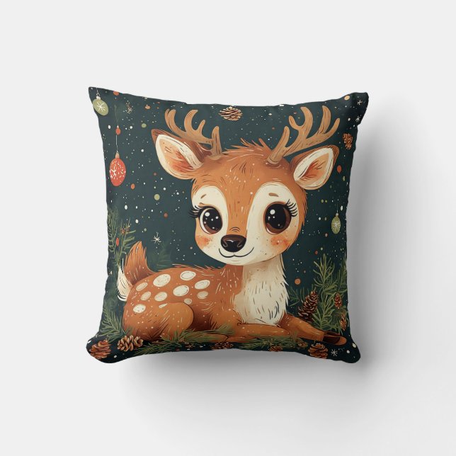 Cute Cartoon Deer in Festive Wreath Cushion (Front)