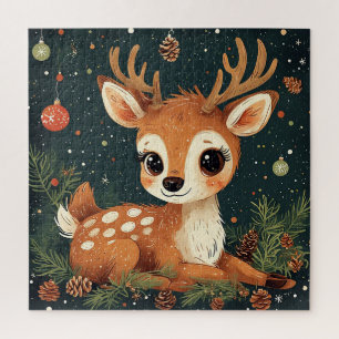 Cute Cartoon Deer in Festive Wreath Jigsaw Puzzle