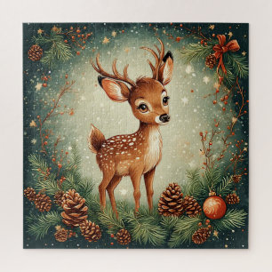 Cute Cartoon Deer in Festive Wreath Jigsaw Puzzle