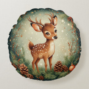 Cute Cartoon Deer in Festive Wreath Round Cushion