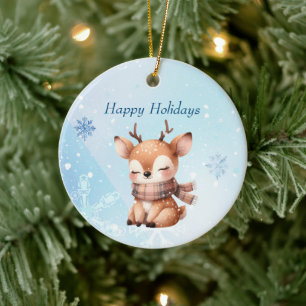Cute Cartoon Deer in Snow Ceramic Tree Decoration