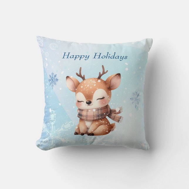 Cute Cartoon Deer in Snow Cushion (Front)