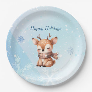 Cute Cartoon Deer in Snow Paper Plate