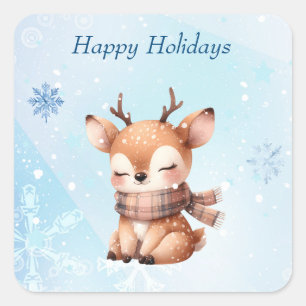 Cute Cartoon Deer in Snow Square Sticker