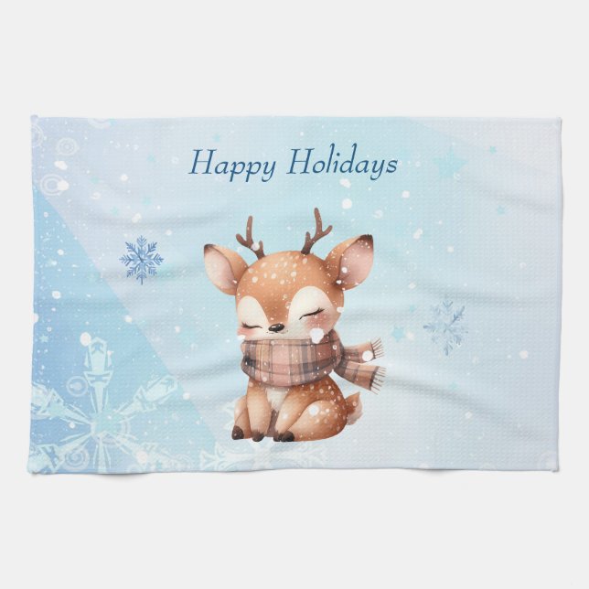 Cute Cartoon Deer in Snow Tea Towel (Horizontal)