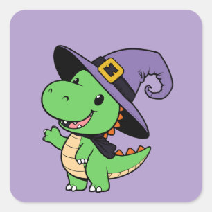 cute cartoon dino witch halloween square sticker