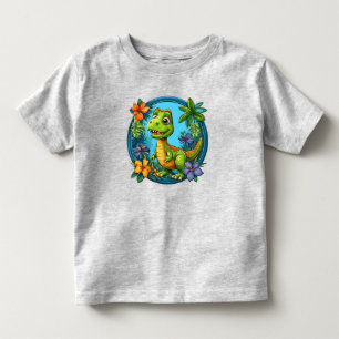 Cute Cartoon Dinosaur Among Tropical Flowers Toddler T-Shirt