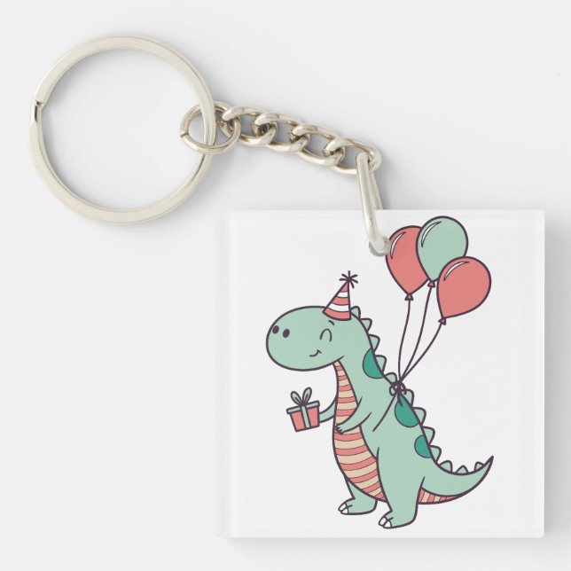 Cute Cartoon Dinosaur Birthday Design Key Ring (Front)