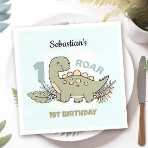 Cute Cartoon Dinosaur Blue Green Boy 1st Birthday Napkin