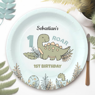 Cute Cartoon Dinosaur Blue Green Boy 1st Birthday Paper Plate