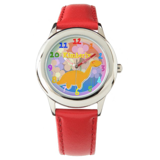 Cute Cartoon Dinosaur Flowers with custom Name Watch (Front)
