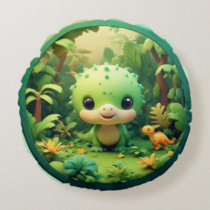 Cute Cartoon Dinosaur in Bamboo Forest Round Cushion