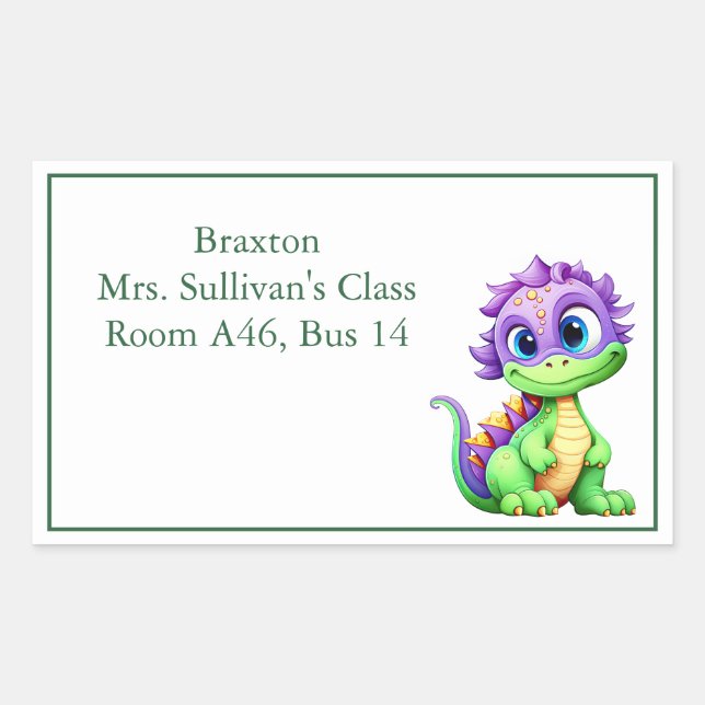 Cute Cartoon Dinosaur Kid's Nametag Rectangular Sticker (Front)