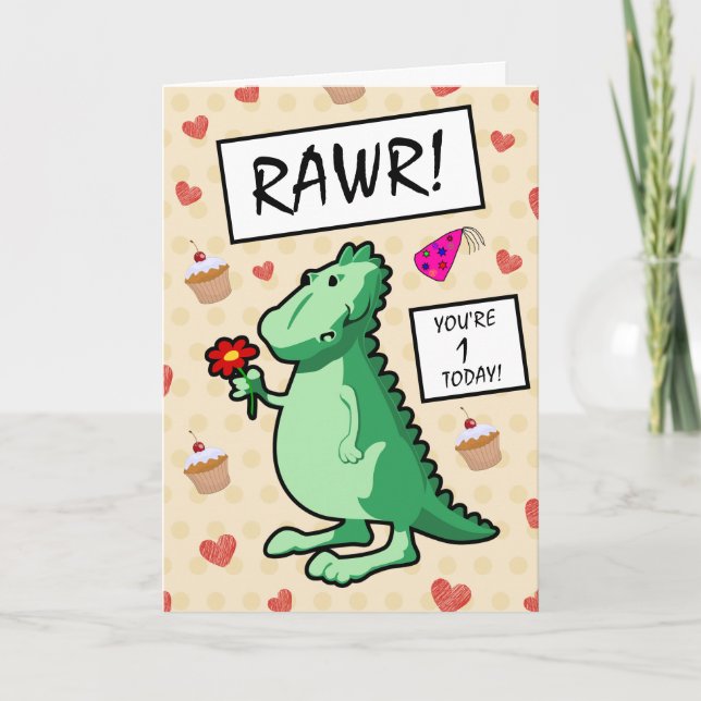 Cute Cartoon Dinosaur Roar Happy 1st Birthday Card (Front)