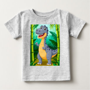 Cute Cartoon Dinosaur Stands in Lush Jungle Scene Baby T-Shirt