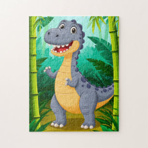 Cute Cartoon Dinosaur Stands in Lush Jungle Scene Jigsaw Puzzle