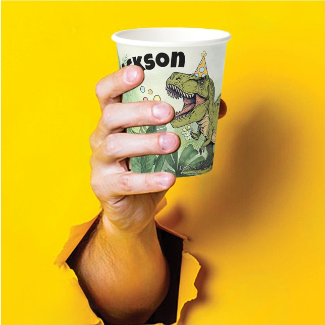 Cute Cartoon Dinosaur Theme Kids Name Birthday Paper Cups (Cute dinosaur Jurassic theme boys birthday party paper cup table decoration with personalized name)
