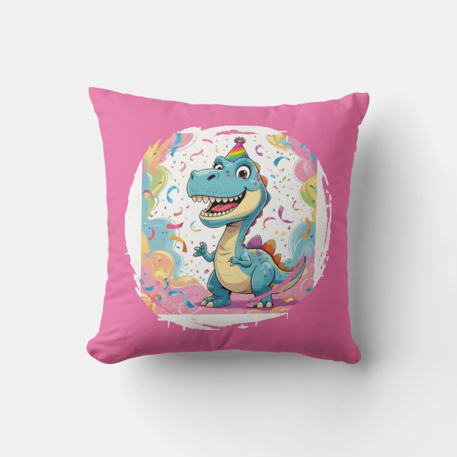 Cute Cartoon Dinosaur Throw Pillow with Rainbow Ha (Front)