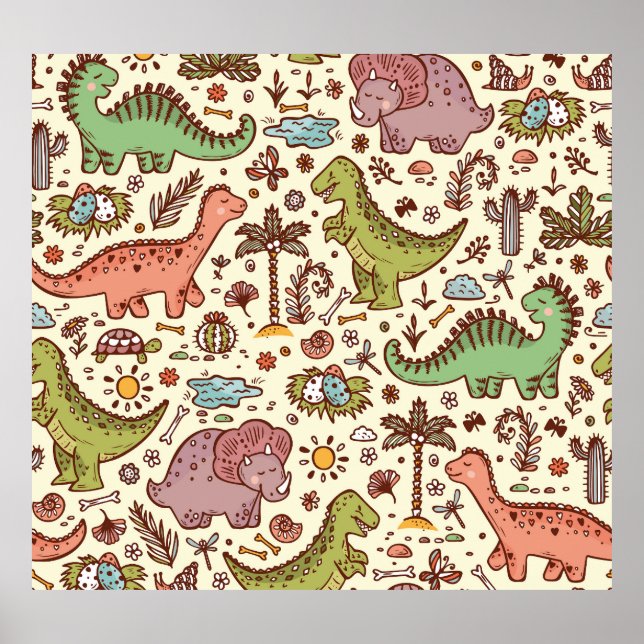 Cute Cartoon Dinosaur Vintage Pattern Poster (Front)