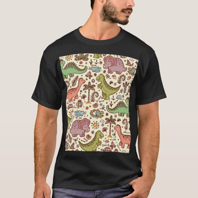 Cute Cartoon Dinosaur Vintage Pattern T-Shirt (Front)