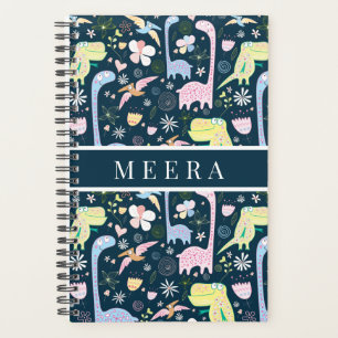 Cute Cartoon Dinosaurs Pattern Name Dark Blue Planner