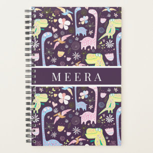 Cute Cartoon Dinosaurs Pattern Name Dark Purple Planner