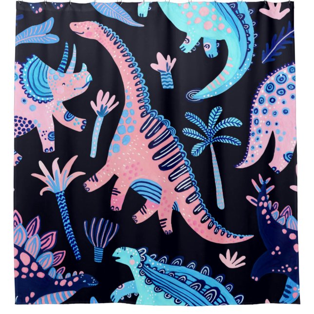 Cute cartoon dinosaurs seamless pattern in scandin shower curtain (Front)