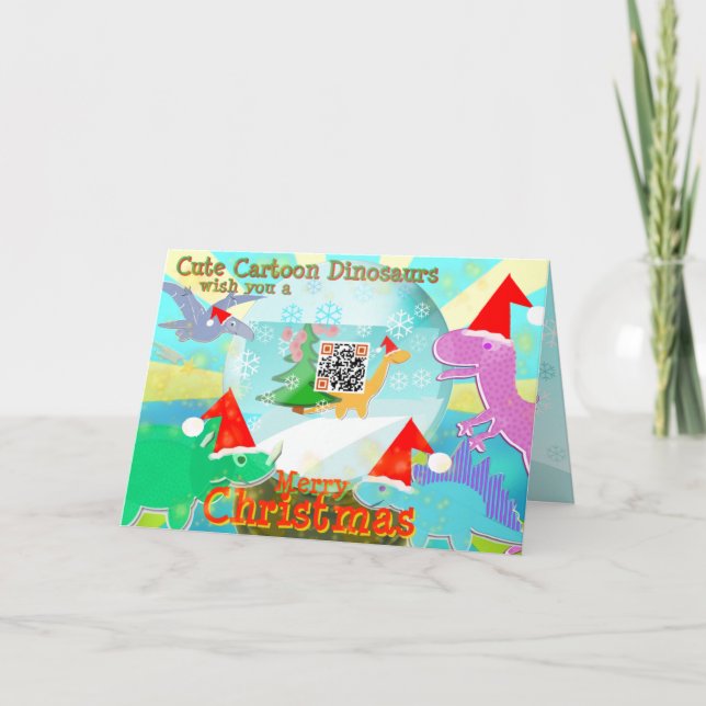 Cute Cartoon Dinosaurs wish You a Merry Christmas Holiday Card (Front)