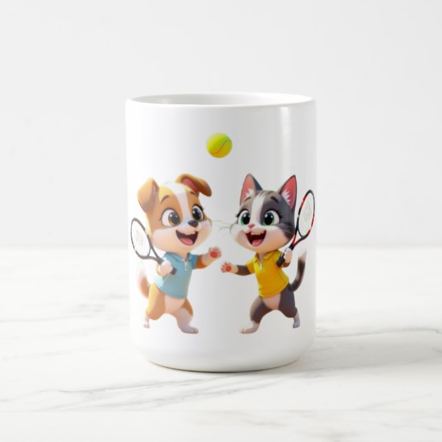 Cute Cartoon Dog and Cat Playing Padel Tennis – Fu Coffee Mug (Center)