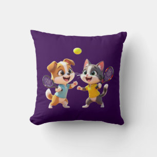 Cute Cartoon Dog and Cat Playing Padel Tennis – Fu Cushion
