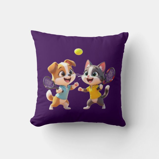 Cute Cartoon Dog and Cat Playing Padel Tennis – Fu Cushion (Front)