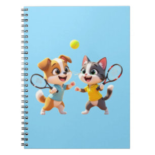 Cute Cartoon Dog and Cat Playing Padel Tennis – Fu Notebook