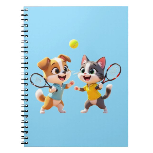 Cute Cartoon Dog and Cat Playing Padel Tennis – Fu Notebook (Front)